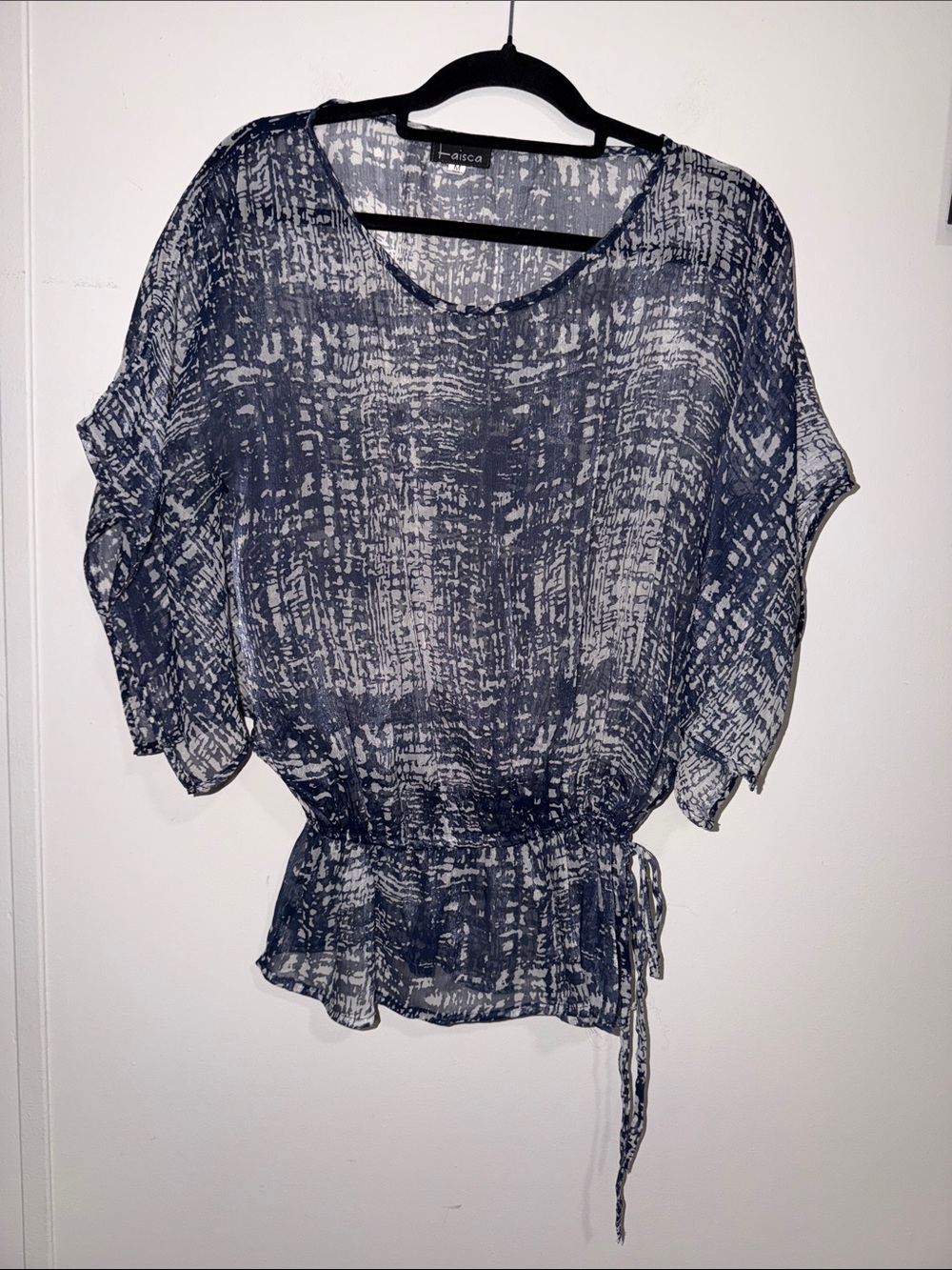 Casual Navy Print Sheer Blouson Top with Waist Tie